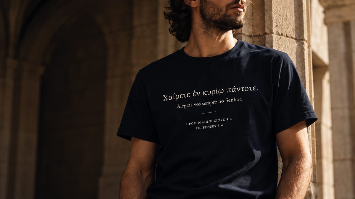 Homem vestindo camiseta escura com Filipenses 4:4 em grego e português